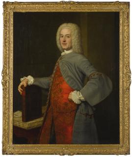 John Alexander - Portrait Of John Belsches Of Invermay, Three-Quarter-Length, Standing In An Interior, Wearing A Grey Coat Over A Richly Embroidered Red Waistcoat, Resting His Right Hand On A Book