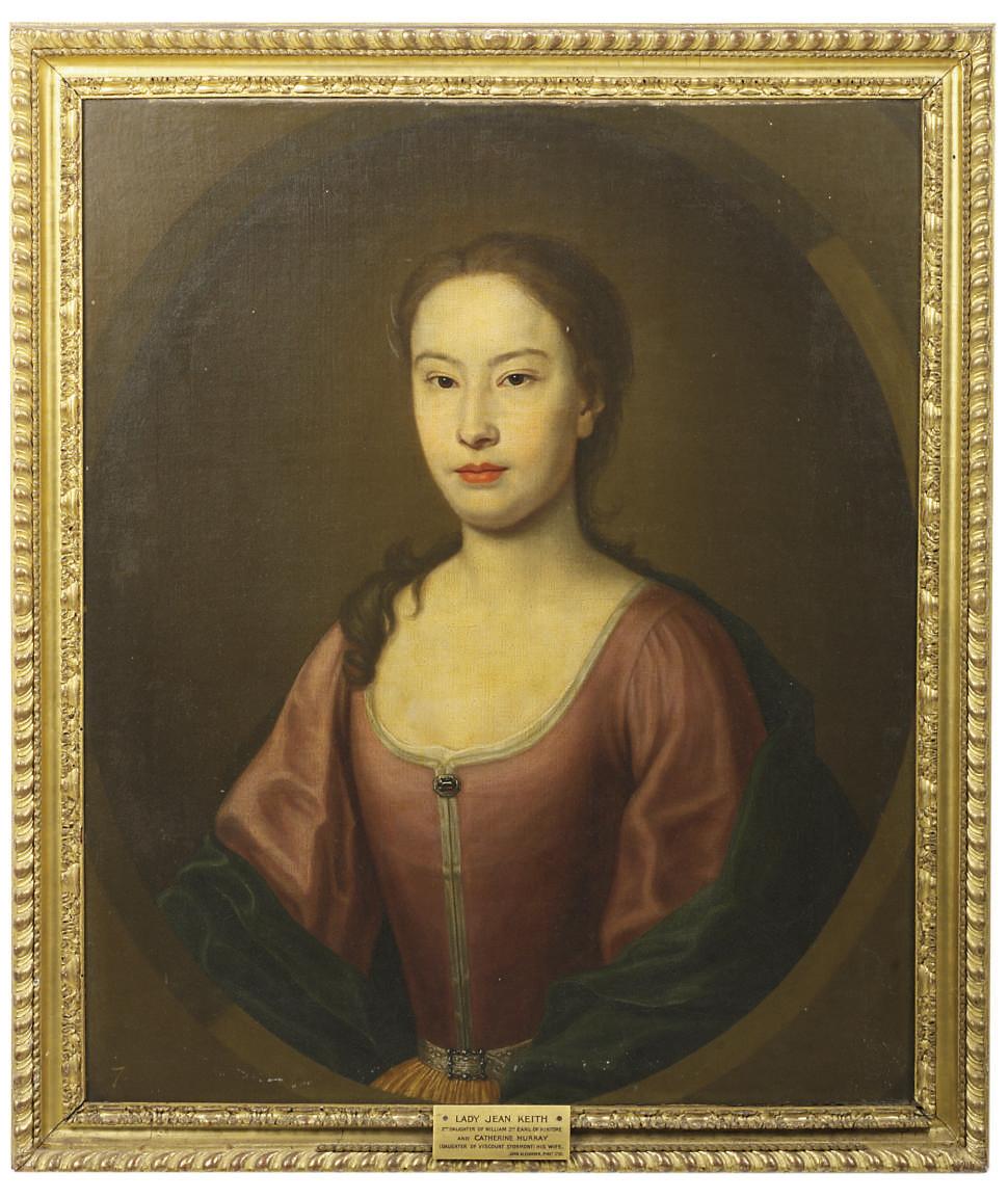 John Alexander - Portrait of Lady Jean Keith, half-length, in a pink dress and green wrap, in a feigned oval