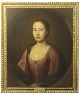 John Alexander - Portrait of Lady Jean Keith, half-length, in a pink dress and green wrap, in a feigned oval