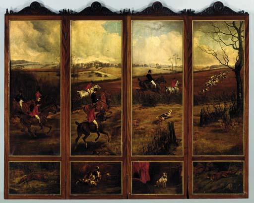 John Alfred Wheeler - A Mahogany Painted Canvas Four-Panel Screen