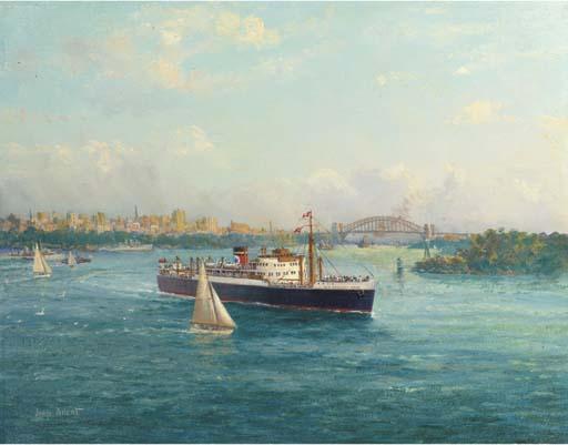 John Allcot, F.R.S.A. - The Blue Star Line\'s New Zealand Star leaving Sydney Harbour