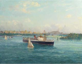 John Allcot, F.R.S.A. - The Blue Star Line\'s New Zealand Star leaving Sydney Harbour