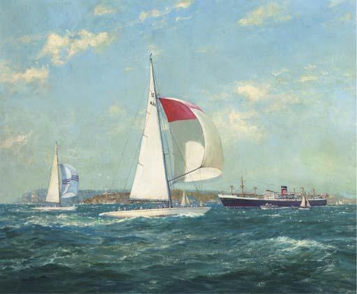 John Allcot, F.R.S.A. - The Blue Star Line\'s Queensland Star in Sydney Harbour, with the America\'s Cup yacht Gretel and her sparring partner Vim undergoing trials in the foreground