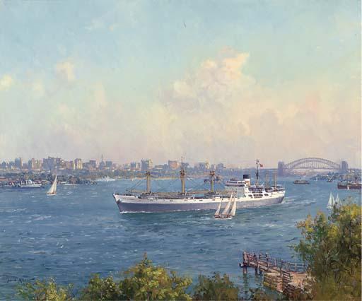 John Allcot, O.B.E. - The Freighter City of Sydney Departing Sydney Harbour