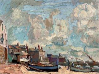 John Anthony Park - Fishing boats beached before a Cornish village