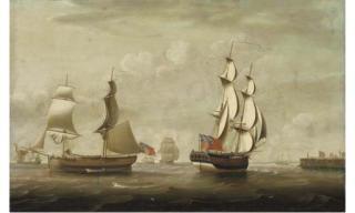 John Askew - A naval brig heading into Tynemouth amidst other shipping off the entrance to the river