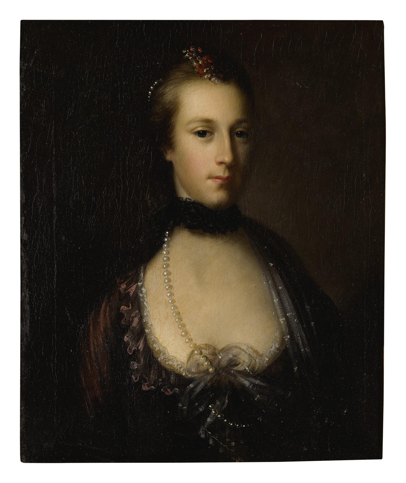 John Astley - Portrait Of A Lady, Half Length, Wearing A Purple Dress, A Black Lace Choker, A Pearl Necklace And Flowers In Her Hair