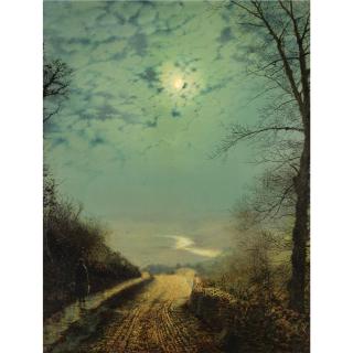 John Atkinson Grimshaw - A Wet Road By Moonlight, Wharfedale