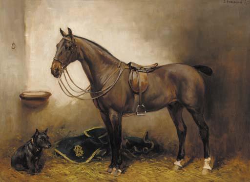 John Atkinson - A saddled bay hunter in a stable with a terrier