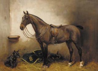 John Atkinson - A saddled bay hunter in a stable with a terrier
