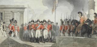 John Augustus Atkinson - The Prince Regent accompanied by the Dukes of Wellington and York at the opening of Waterloo Bridge on 18th June 1817, on the anniversary of the battle
