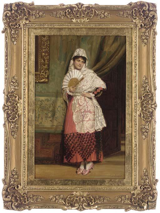 John Bagnold Burgess - A Spanish lady with a fan in an interior