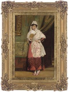 John Bagnold Burgess - A Spanish lady with a fan in an interior