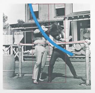 John Baldessari - Blue Masterstroke Over Red Diagram And Two Cowboys