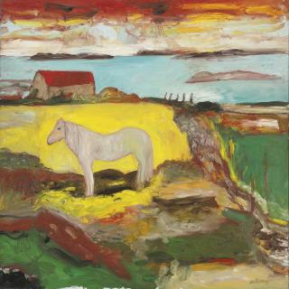 John Bellany, H.R.S.A., R.A. - A grey horse in a landscape