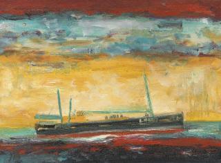 John Bellany, H.R.S.A., R.A. - Fishing trawler at sunset
