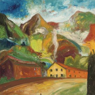 John Bellany, H.R.S.A., R.A. - Houses in a mountanous landscape