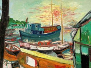 John Bellany, H.R.S.A., R.A. - Minerva moored in the harbour