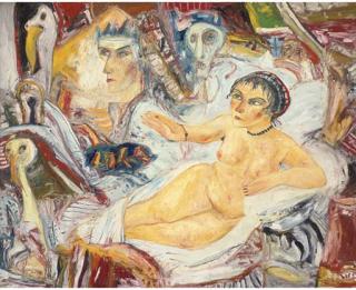 John Bellany, H.R.S.A., R.A. - Reclining Nude With Faces