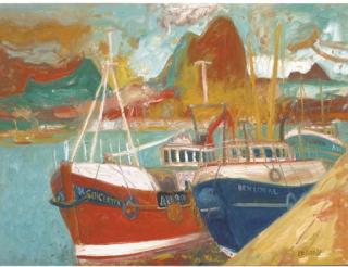 John Bellany, R.A. - Two trawlers at port