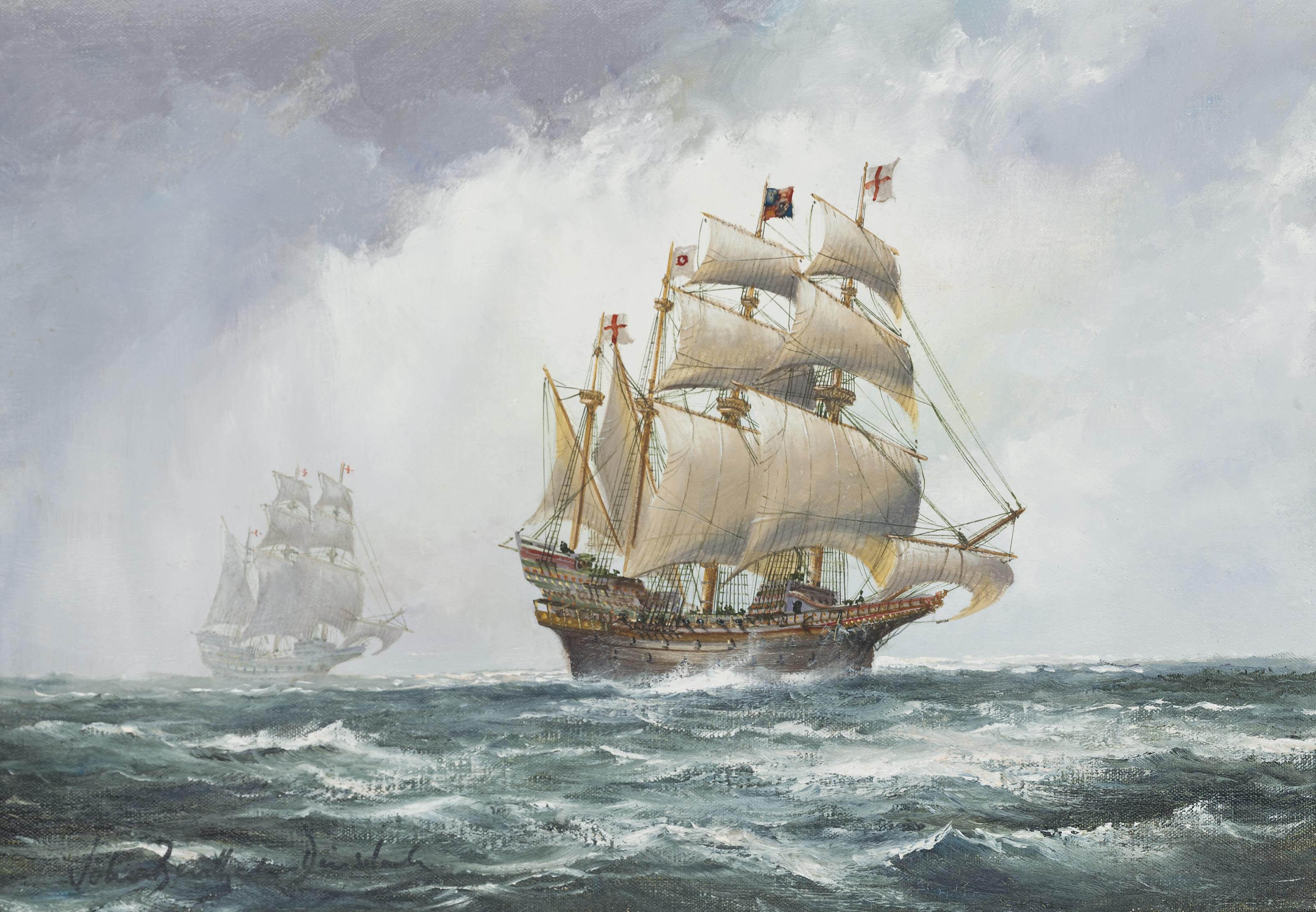 John Bentham-Dinsdale - The Ark Royal flying the Royal Standard in the Channel