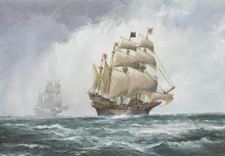 John Bentham-Dinsdale - The Ark Royal flying the Royal Standard in the Channel