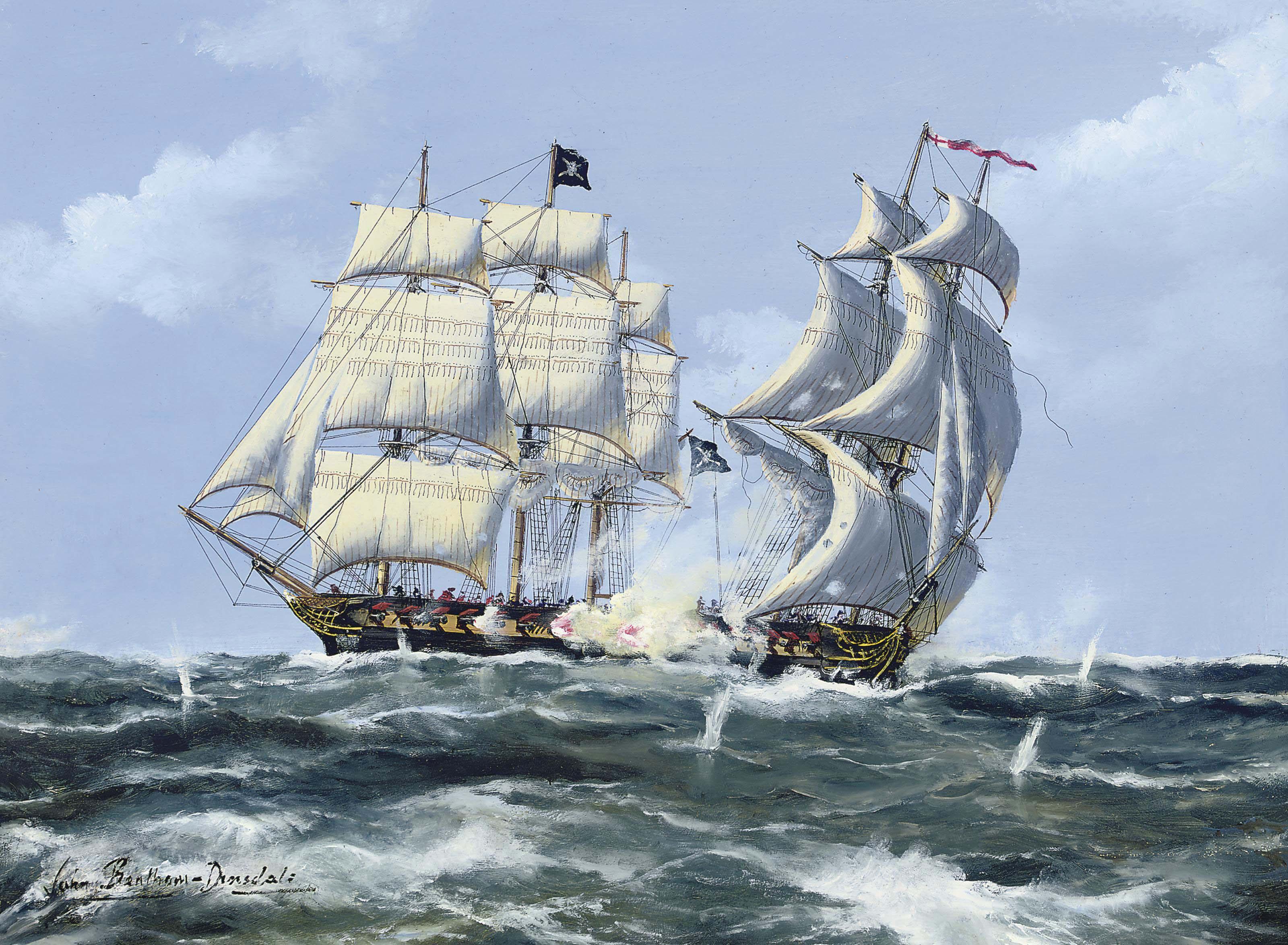 John Bentham-Dinsdale - \'The Black Flag\': An engagement between a pirate ship and a Royal Navy frigate (illustrated); and Bounding water: The clipper ship Timaru