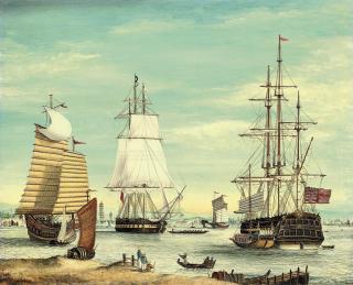 John Bentham-Dinsdale - The East Indiaman Waterloo, a frigate and deep water junks lying at anchor (illustrated); and Tea clippers neck and neck