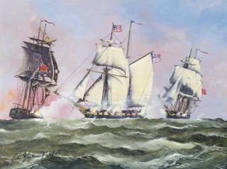 John Bentham-Dinsdale - U.S. schooner Atlas engaging the British merchantmen Pursuit and Planter, 5th August 1812 (illustrated); and The U.S.S. President and the British Sixth Rate H.M.S. Little Belt off North Carolina, 15th May 1811