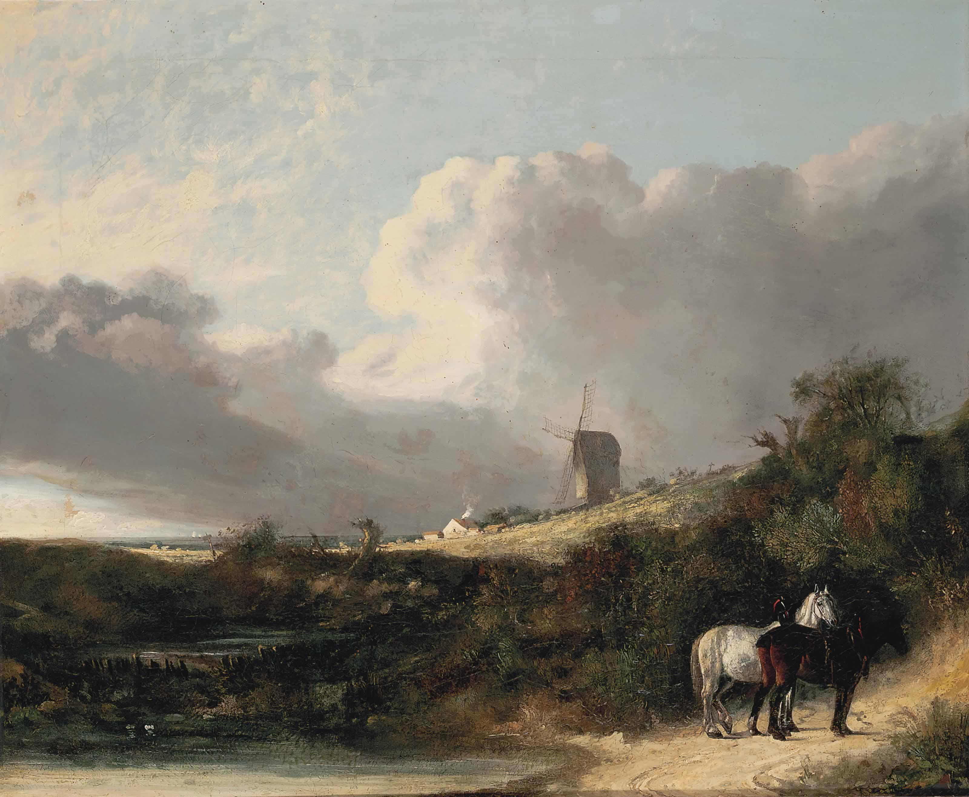 John Berney Crome - A View Near Woodbridge, With Two Horses By A Pond, A Windmill Beyond