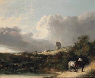 John Berney Crome - A View Near Woodbridge, With Two Horses By A Pond, A Windmill Beyond