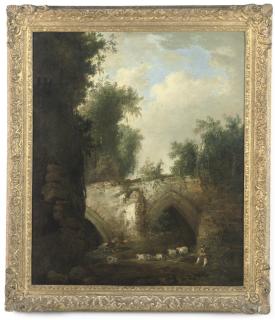 John Berney Crome - Old Abbot\'s Bridge, Bury St. Edmunds, with a shepherd and his flock resting in the shade