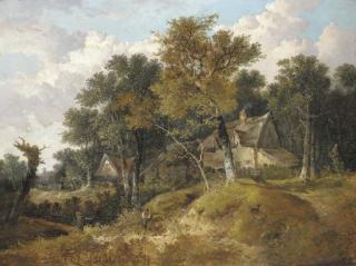 John Berney Ladbrooke - A wooded landscape with cottages and a figure resting by a stream