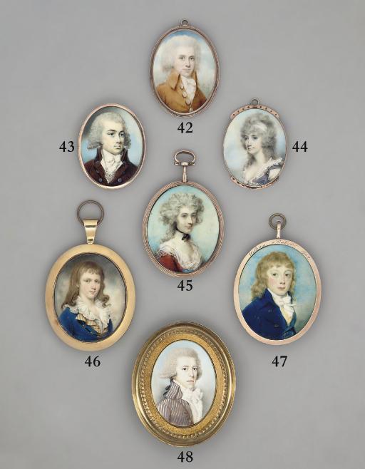 John Bogle - A boy, in blue coat with gold buttons, yellow waistcoat with blue stripes, frilled white shirt with frilled collar open at neck, long curling fair hair