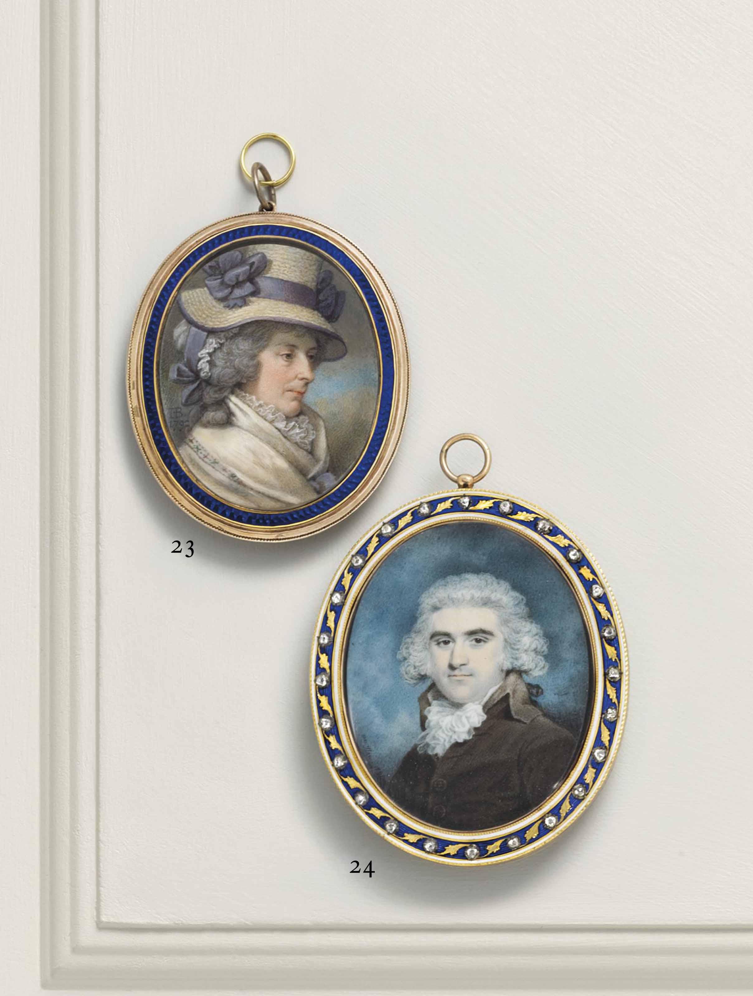 John Bogle - A Lady, In Dress With High Lace Collar, White Cashmere Scarf With Embroidered Border Held By A Lilac Ribbon, Wearing A Large Straw Bonnet With Lilac Ribbons And Lace Cap On Her Powdered Upswept Hair; Sky Background