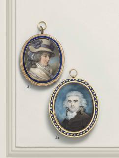 John Bogle - A Lady, In Dress With High Lace Collar, White Cashmere Scarf With Embroidered Border Held By A Lilac Ribbon, Wearing A Large Straw Bonnet With Lilac Ribbons And Lace Cap On Her Powdered Upswept Hair; Sky Background