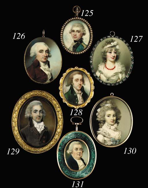 John Bogle - A young gentleman, facing right in green coat with silver buttons, white waistcoat and lace cravat, powdered hair