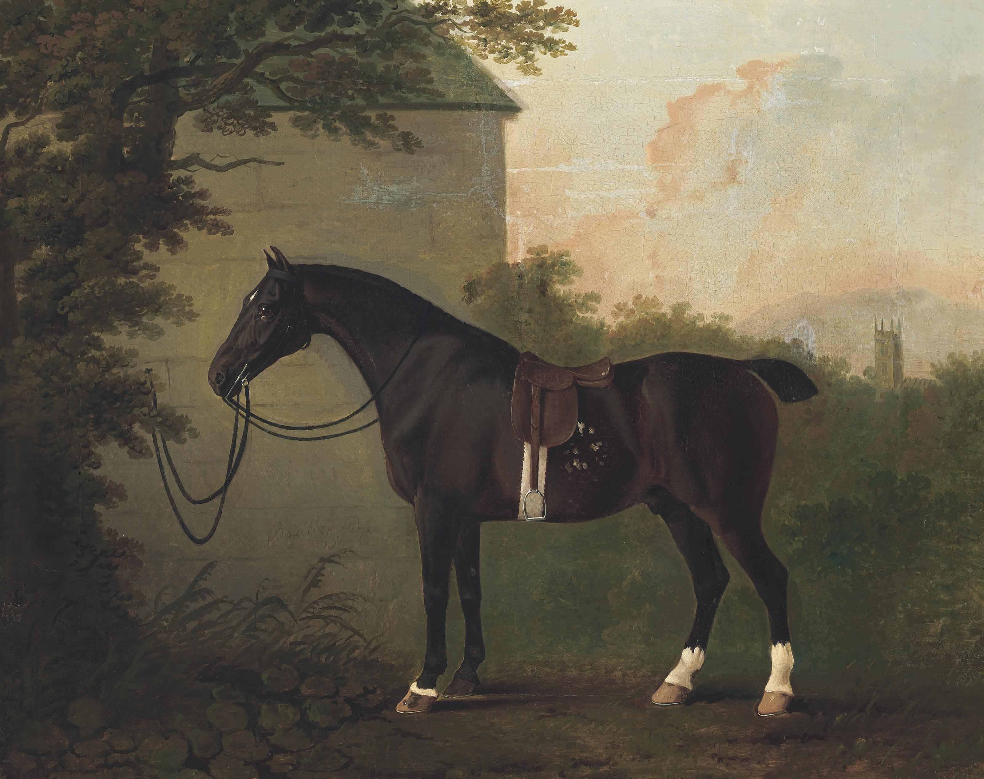 John Boultbee - A saddled bay hunter by a stable wall