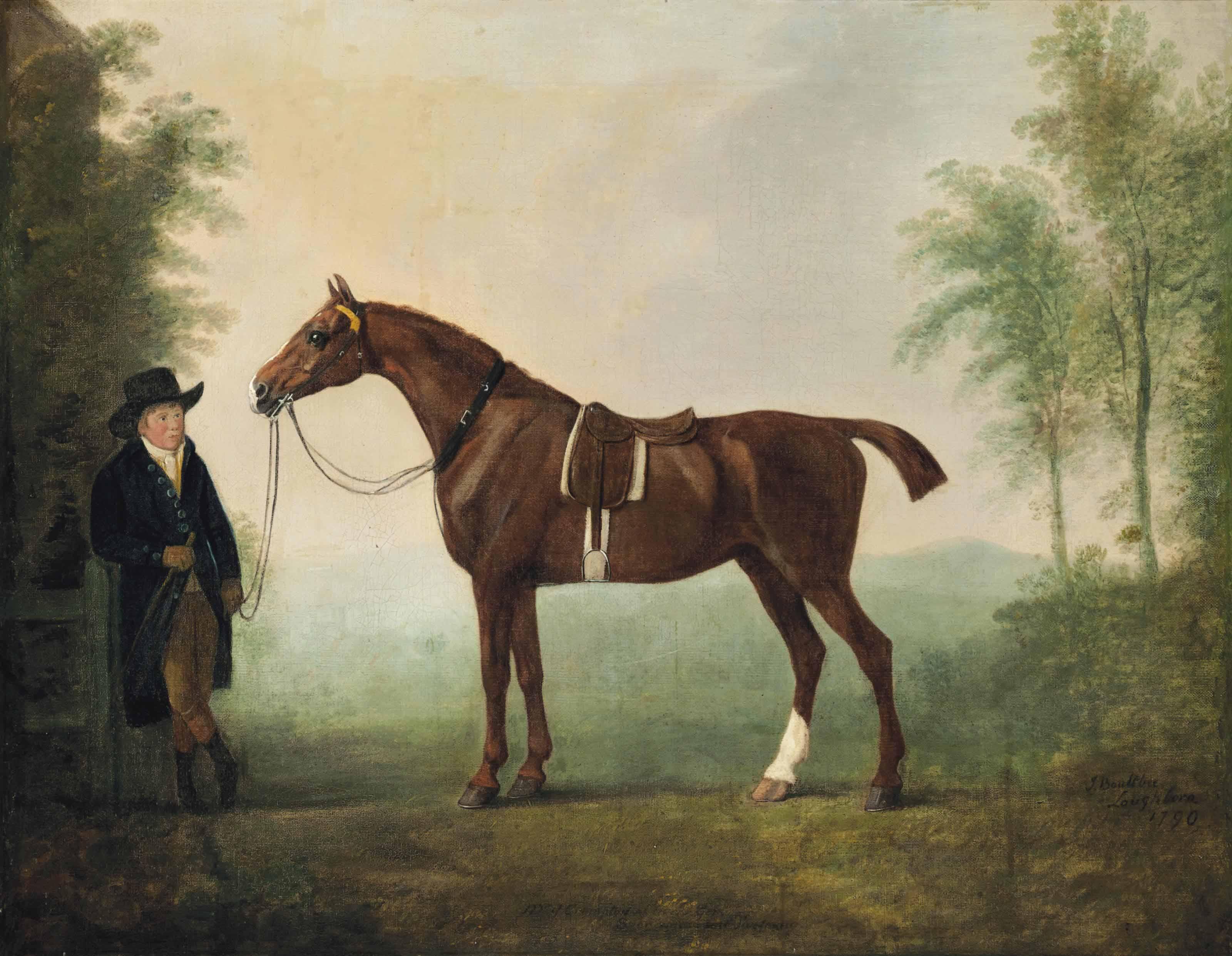 John Boultbee - A saddled chestnut hunter and groom