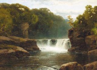 John Brandon Smith - A waterfall in a wooded river valley