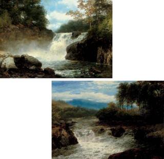 John Brandon Smith - A wooded river landscape with waterfall; and Another similar