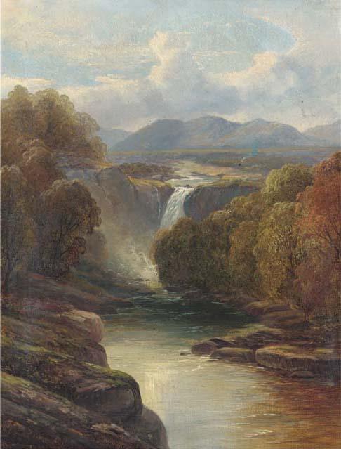 John Brandon Smith - An angler on a riverbank; A waterfall in a river landscape