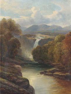 John Brandon Smith - An angler on a riverbank; A waterfall in a river landscape