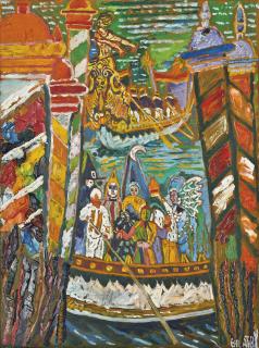 John Bratby, R.A. - Carnival Figures On The River