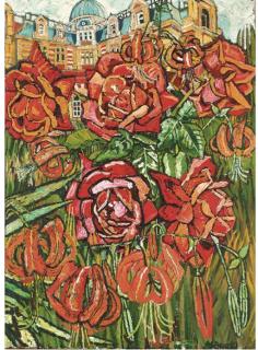 John Bratby, R.A. - Five Royal Red Roses in a Glass Jug