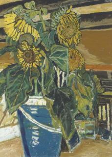 John Bratby, R.A. - Four Sunflowers in Blue Bucket