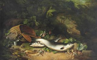 John Bucknell Russell - Salmon and trout on a riverbank