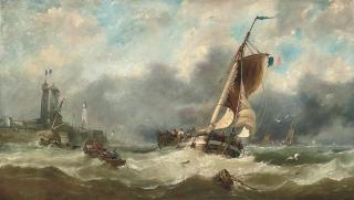 John Callow, A.O.W.C.S. - High tide off Boulogne: A French barge caught in a swell off the harbour mouth