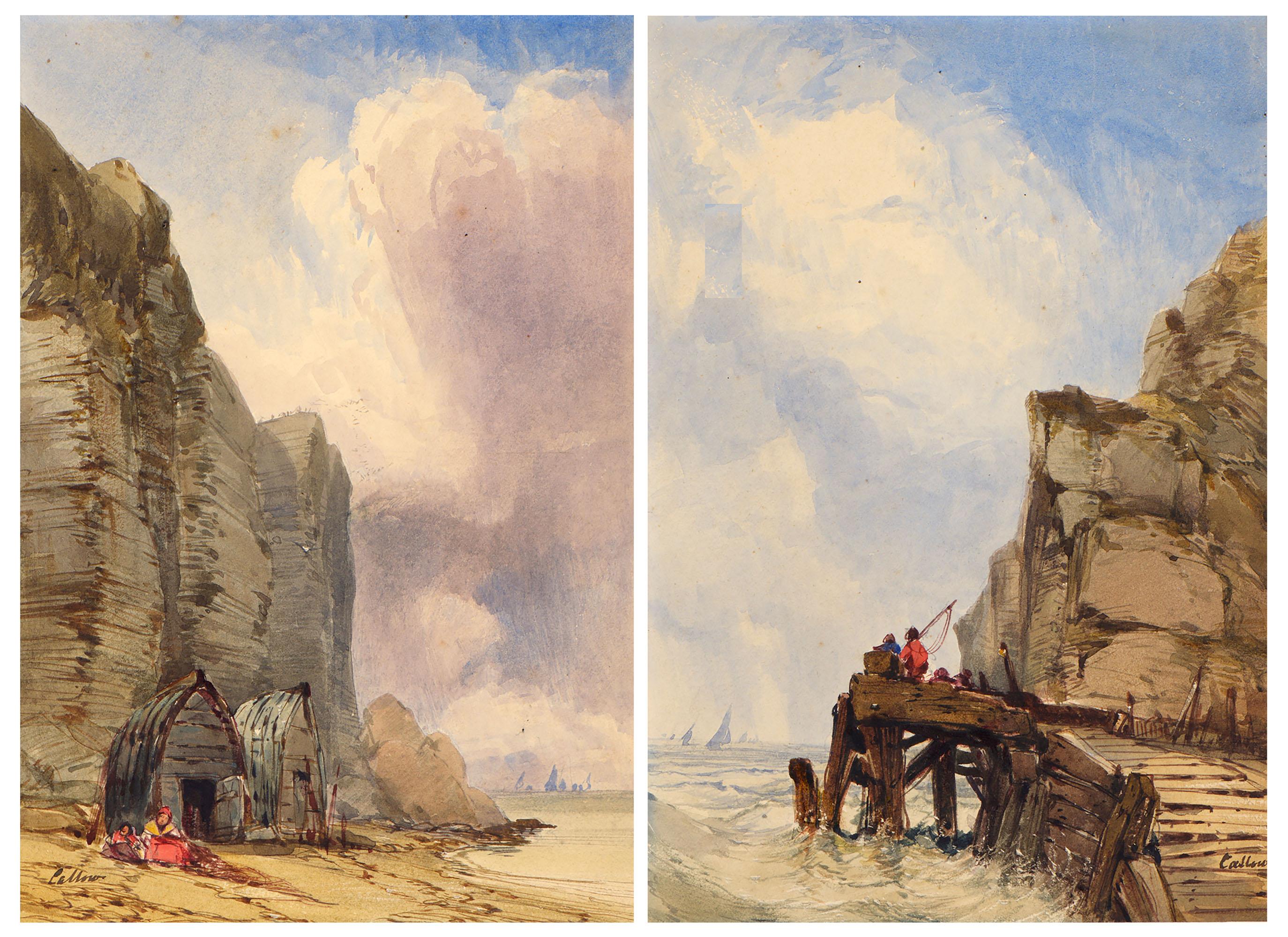 John Callow, A.O.W.S. - Fisherman\'s huts on a beach, Sark; and A pier, Sark