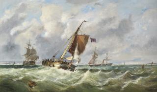 John Callow, O.W.S. - Shipping in a stiff breeze in the Channel